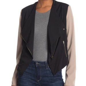 Black Tan Colorblock Draped Zip up blazer